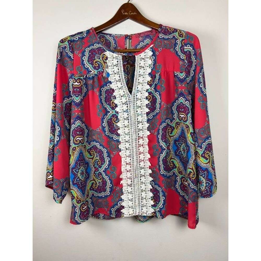 Almost Pink S Paisley Floral Crochet Lace Trim Boho Chic Blouse Keyhole Back Top